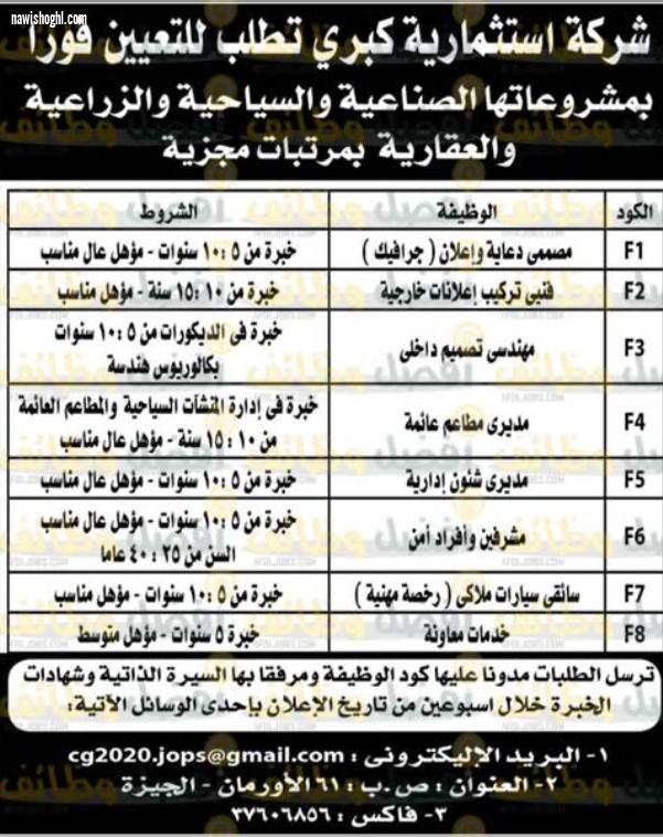 مطلوب مديرين ومهندسين ومشرفين وفنيين وسائقين للعمل بشركة إستثمارية كبرى منشور الأهرام الجمعة 20 مارس 2020